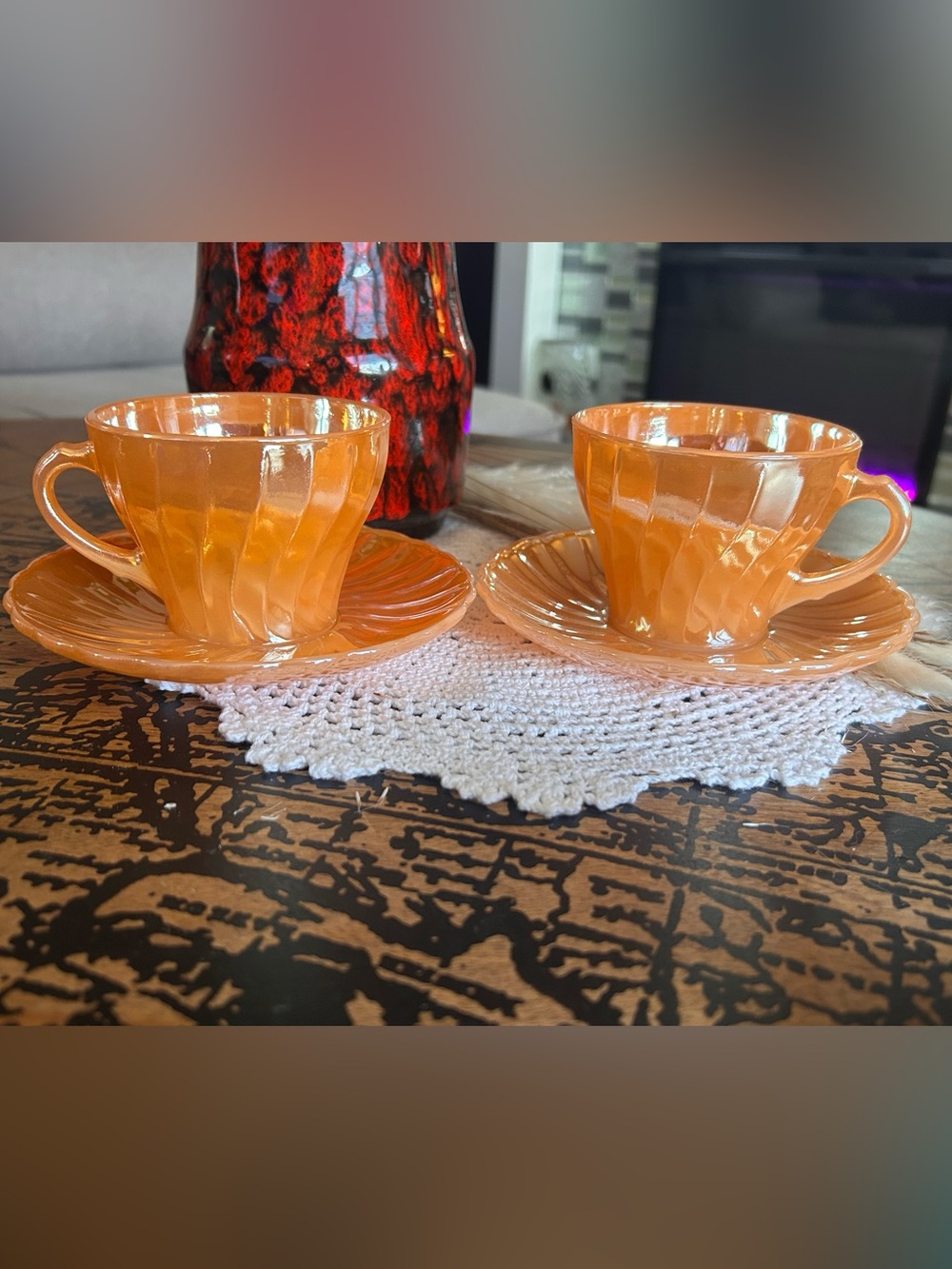 Vintage Fire-King Peach Lustre Swirl Cups & Saucers Set of 2